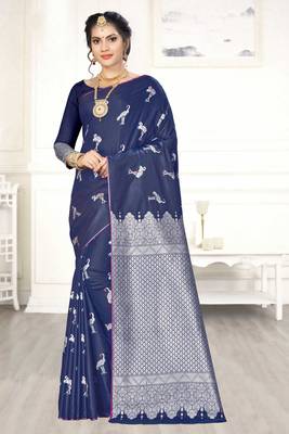 Navy blue woven banarasi silk saree with blouse 1