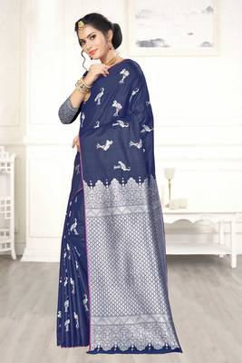 Navy blue woven banarasi silk saree with blouse 2