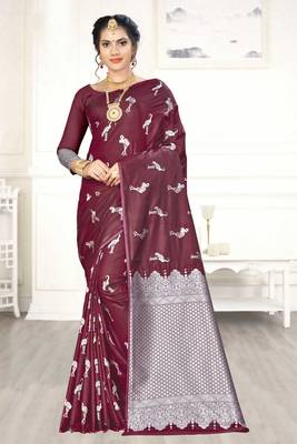 Maroon woven banarasi silk saree with blouse 1