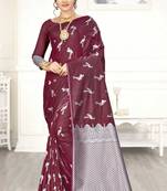 Maroon woven banarasi silk saree with blouse