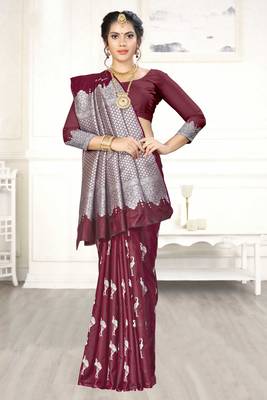 Maroon woven banarasi silk saree with blouse 2