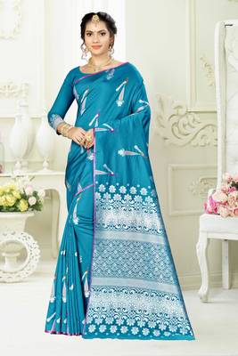 Blue woven banarasi silk saree with blouse 1
