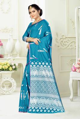 Blue woven banarasi silk saree with blouse 2