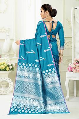 Blue woven banarasi silk saree with blouse 3