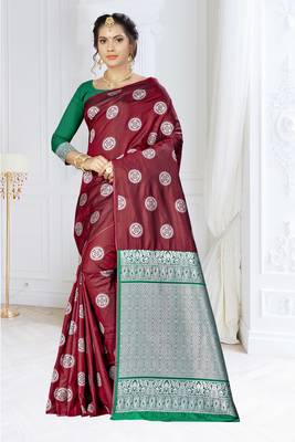 Maroon woven banarasi silk saree with blouse 1