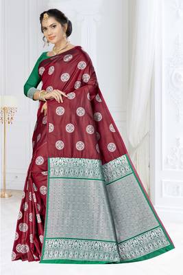 Maroon woven banarasi silk saree with blouse 2