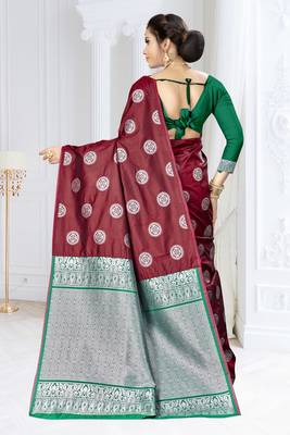 Maroon woven banarasi silk saree with blouse 3