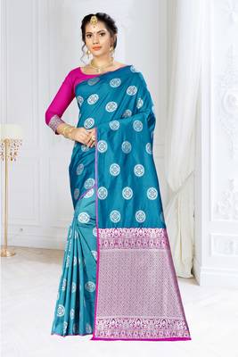 Blue woven banarasi silk saree with blouse 1