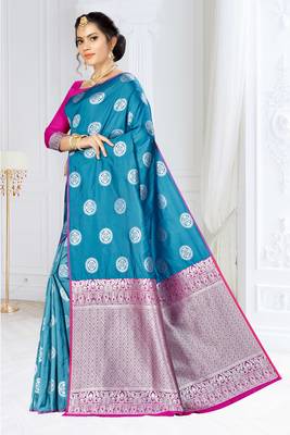 Blue woven banarasi silk saree with blouse 2