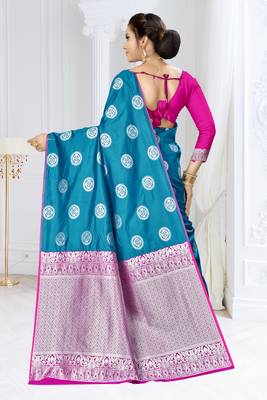 Blue woven banarasi silk saree with blouse 3