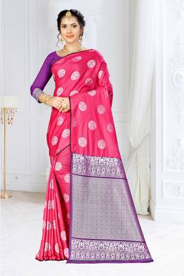 Pink woven banarasi silk saree with blouse 1