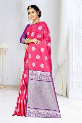 Pink woven banarasi silk saree with blouse 2