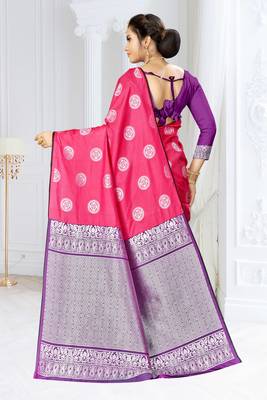 Pink woven banarasi silk saree with blouse 3