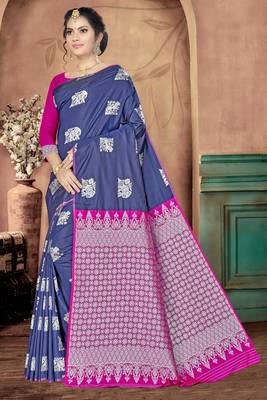 Navy blue woven banarasi silk saree with blouse 1