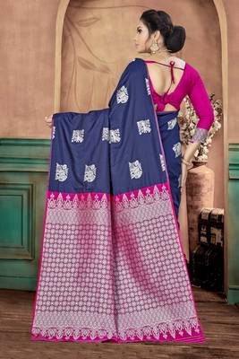 Navy blue woven banarasi silk saree with blouse 3