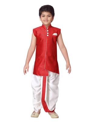 Red printed silk blend boys-dhoti-kurta 1