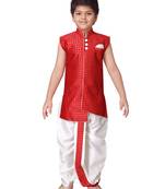 Red printed silk blend boys-dhoti-kurta