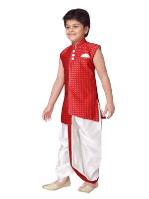 Red printed silk blend boys-dhoti-kurta 2