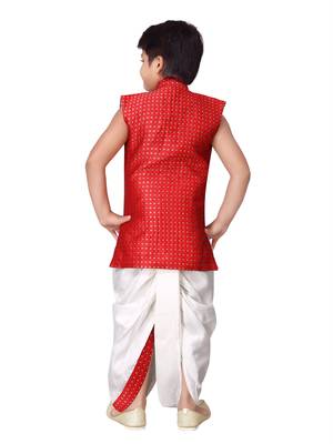 Red printed silk blend boys-dhoti-kurta 3
