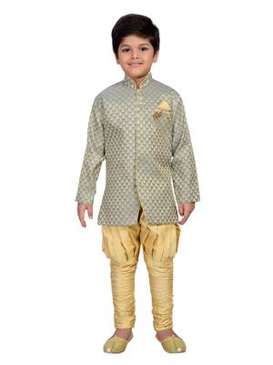 Grey printed brocade boys-sherwani 1