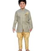 Grey printed brocade boys-sherwani