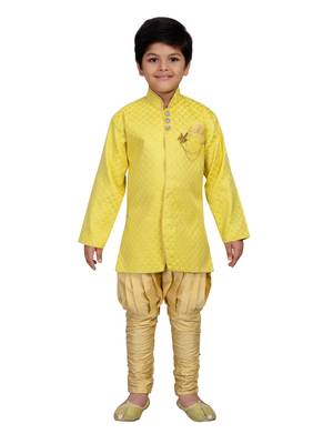Yellow printed brocade boys-sherwani 1