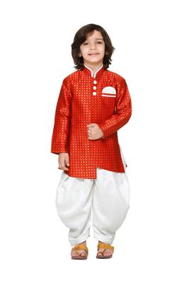 Red printed silk blend boys-indo-western-dress 1