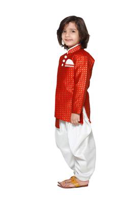 Red printed silk blend boys-indo-western-dress 2