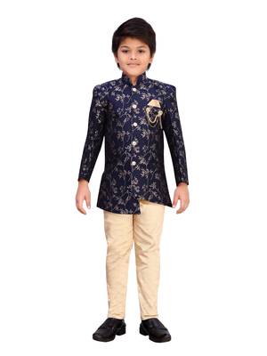 Blue printed corduroy boys-sherwani 1