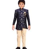 Blue printed corduroy boys-sherwani