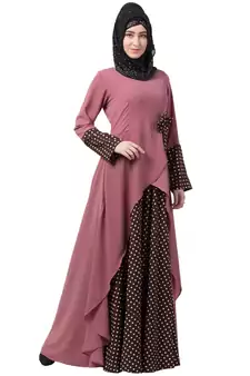 Polka Dotted Asymmetrical Dress Abaya- Puce Pink-Wine