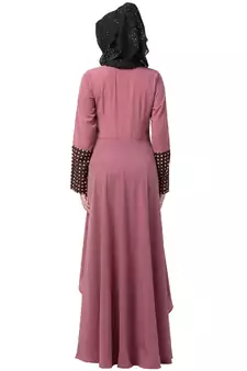 Polka Dotted Asymmetrical Dress Abaya- Puce Pink-Wine