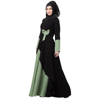 Polka Dotted Asymmetrical Dress Abaya- Green-Black 2
