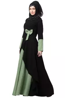 Polka Dotted Asymmetrical Dress Abaya- Green-Black