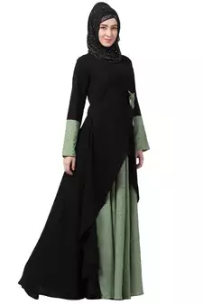 Polka Dotted Asymmetrical Dress Abaya- Green-Black