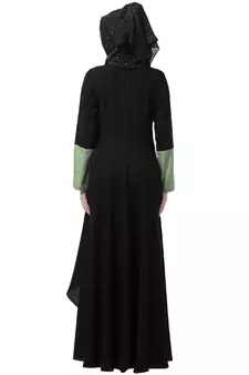 Polka Dotted Asymmetrical Dress Abaya- Green-Black