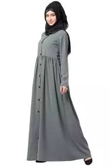 Front Open Abaya With Pintucks- Grey
