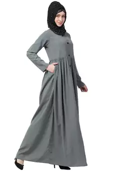 Front Open Abaya With Pintucks- Grey