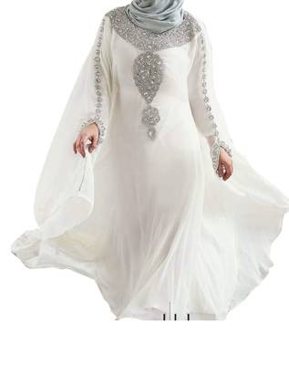 Grand White Moroccan Kaftan Gown with Heavy Silver Beaded Work | Luxury Bridal & Event Dress 1