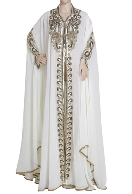 white weadding moroccan islamic dubai kaftan farasha zari and stone work dress 1