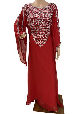red moroccan islamic dubai kaftan farasha zari and stone work dress 1