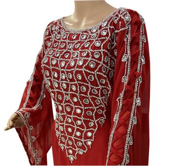 red moroccan islamic dubai kaftan farasha zari and stone work dress 2