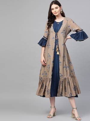Beige printed liva long-kurtis 1