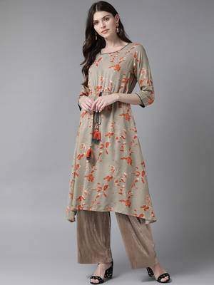 Grey printed liva ethnic-kurtis 1