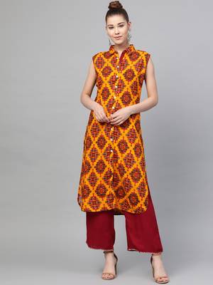 Mustard printed liva ethnic-kurtis 1
