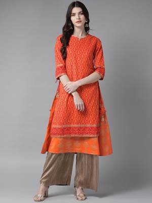 Orange printed cotton ethnic-kurtis 1