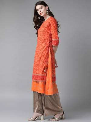 Orange printed cotton ethnic-kurtis 3