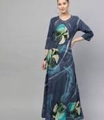 Navy-blue printed liva long-kurtis
