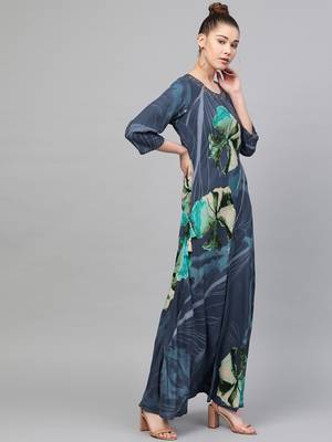 Navy-blue printed liva long-kurtis 3
