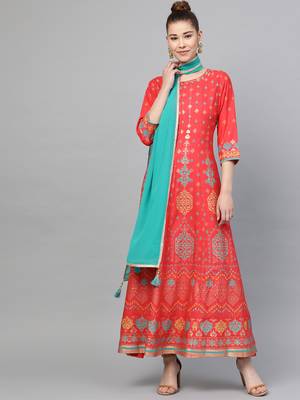 Coral printed liva long-kurtis 1